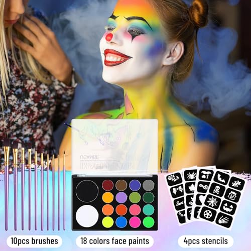 UCANBE Face Painting Kit for Kids & Adults -18 Colors Non-Toxic Water Based Face Body Paint Palette with Paint Brushes&Stencils, Professional Facepaint Set for Halloween SFX Makeup, Cosplay & Costume - color: Painting Palette Set