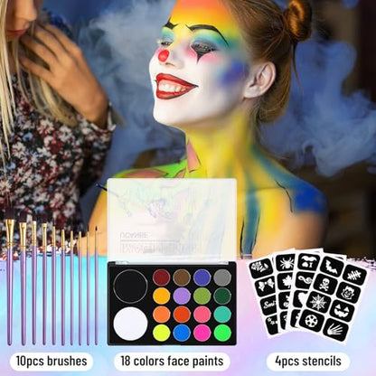 UCANBE Face Painting Kit for Kids & Adults -18 Colors Non-Toxic Water Based Face Body Paint Palette with Paint Brushes&Stencils, Professional Facepaint Set for Halloween SFX Makeup, Cosplay & Costume - color: Painting Palette Set