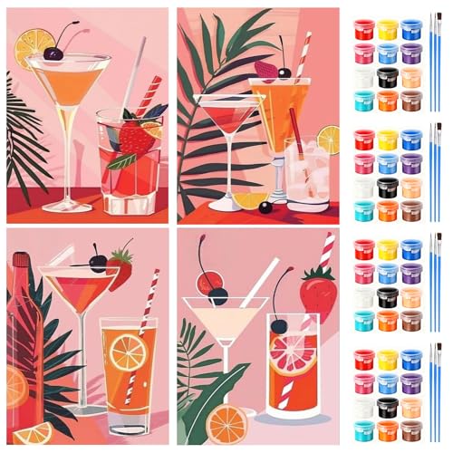 GHHKUD 4 Pack Cocktail Paint by Numbers Kits for Adults, DIY Pink Beverages Painting by Numbers for Adults, Easy Painting on Canvas Arts Gifts for Home Decor 20x30cm - color: Cocktail