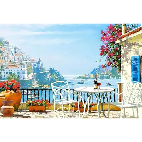 koemhxb Large Paint by Numbers Kit for Adults, Mediterranean Coastal Scene Theme, Landscape Acrylic Painting on Canvas, DIY Art Set for Beginners, Home Wall Decor Gift 16x24 Inch - color: Mediterranean Coastal Scene
