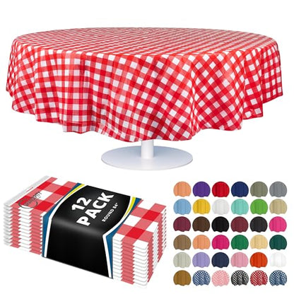 Grandipity Plastic Table Cloth Disposable 12 Pack 84" Round Red Gingham | Plastic table covers, durable disposable tablecloths, fade and tear-resistent table cover for party, event - color: Red Gingham Checkered, size: 84in. Round