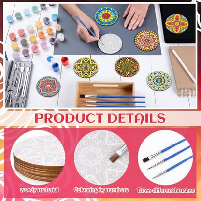 Reallnaive 8 Pcs Mandala Paint by Numbers Kit for Adults Wooden Coasters | Mini Floral Paint by Numbers, Tiny Flower Round Oil Painting Drink Coaster with Holder, for Small DIY Craft Birthday Gift - style: Mandala