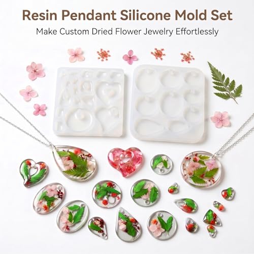2Pcs Silicone Resin Casting Mold Set for Jewelry Pendants, Round, Oval, Heart and Teardrop Shapes with Hole Silicone Mold for Crafts Keychain Earrings Pendant Epoxy Resin Jewelry Making