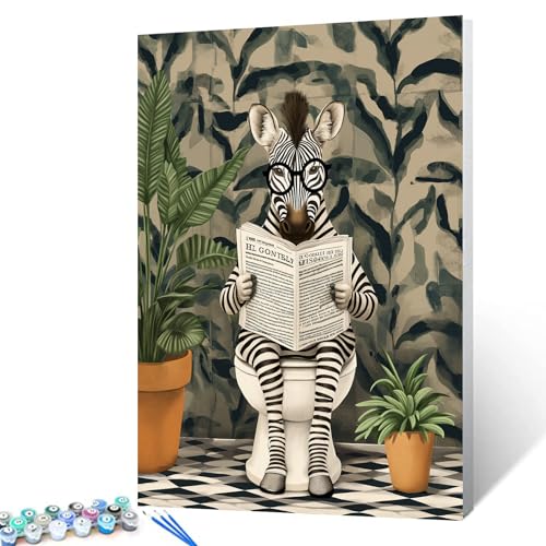 Animals on Toilet DIY Paint by Number for Adults Beginner Zebra Reading Newspapers Painting by Numbers Paint Kits Canvas Gifts Arts Crafts for Home Wall Farmhouse Rustic Decor16x20Inch No Frame - color: Paint by number-Closestool 06, size: 16''x20''(Frame