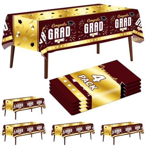4 Pack Graduation Tablecloth 54"x108" Disposable Plastic Tablecloths Gongrats Grad Tablecover for Graduation Party Supplies (Maroon) - color: Graduation Maroon