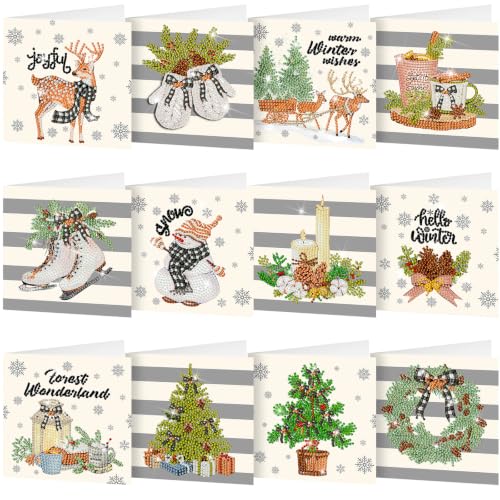 Saillong 12 Pack Neutral Christmas Diamond Painting Greeting Card Kits DIY Gray Christmas Diamond Art Cards with Envelopes Xmas 5D Rhinestones Painting Kit for Adults DIY Craft Family Friend Xmas Gift - color: Neutral Christmas