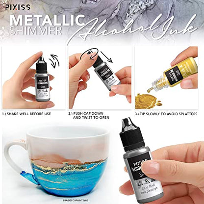 Metallic Alcohol Ink Set, Gold, Silver, Gunmetal, Copper, Pearl, Metallic Mixatives with Extreme Shimmer for Alcohol Ink Paper, Large 0.5 Ounce Inks - color: Metallics