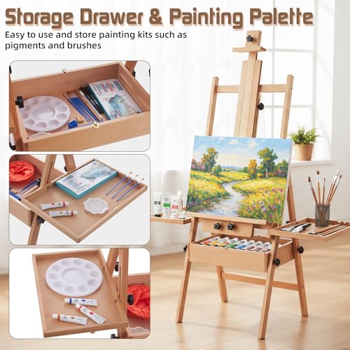 Beech Wood H-Frame Easel for Painting with Tray & Drawer, Natural | Heavy-duty Floor Adjustable Height & Angle Studio Art Easel Stand, Holds 30"-50" Canvas, Foldable Painting Easel for Adults - color: Natural