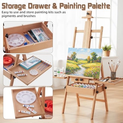 Beech Wood H-Frame Easel for Painting with Tray & Drawer, Natural | Heavy-duty Floor Adjustable Height & Angle Studio Art Easel Stand, Holds 30"-50" Canvas, Foldable Painting Easel for Adults - color: Natural