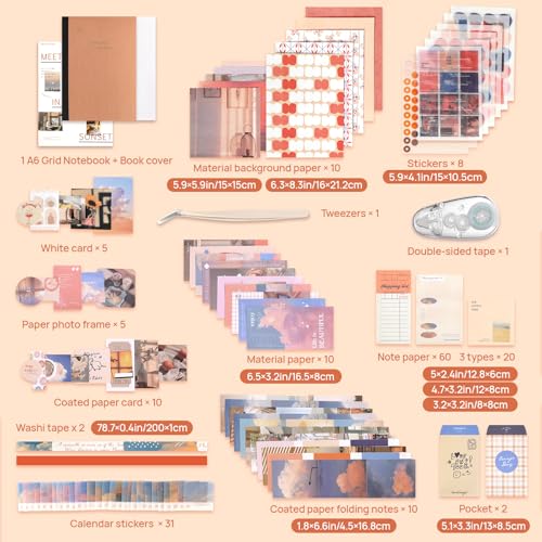 imoon Scrapbook Photo Album Supplies Kit with Tweezers and Glue Tape – Romantic Aesthetic Junk Journal Kit, Scrapbooking Paper, Sticker Pack, Notebook, DIY Craft, Gift for Adults (Sunset) - color: Sunset
