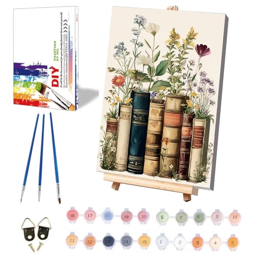 xackcme Book Paint by Numbers for Adults with Framed Canvas 8x12 inch | Flowers Paint by Number on Canvas, DIY Books Acrylic Oil Painting Kits with Wooden Easel Brushes for Home Wall Decor - color: BKH1847