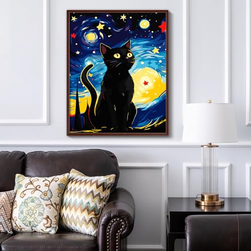 ZTOTZ Cats Paint by Number Kits for Adult,Black Cat Paining by Numbers Canvas, Kitten Adults' Paint-by-Number Kits Animal, 16x20 DIY Paints Numbers Kits Adults Starry Night - color: A-004-star cat