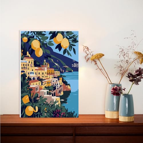 Lxmsja Amalfi Coast Paint by Numbers Kit for Adults, Lemon Trees Acrylic Paint by Numbers for Adults Beginner, DIY Craft Supplies Oil Painting Kits for Home Wall Decor 8x12 inch (Framed) - color: yellow#098