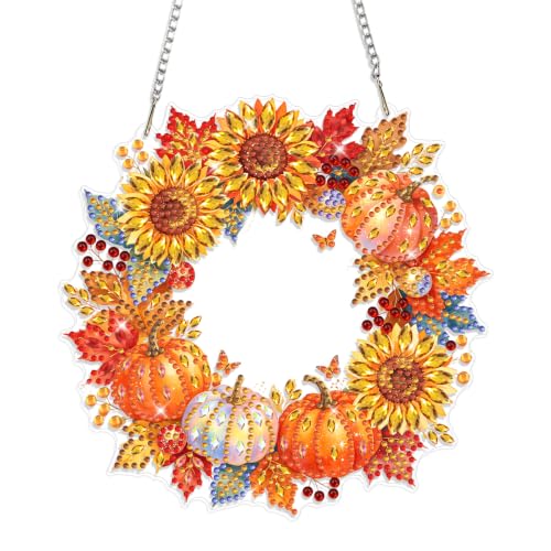 Fall Pumpkin Wreath Diamond Art Hanging Ornaments Kits for Adults, Diamond Painting Pendant Kits, DIY Acrylic 5D Special Shaped Crystal Gem Art Painting Ornament for Home Decor Thanksgiving 8x8Inch - color: As099