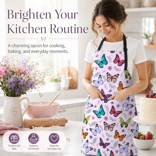 Butterflies Apron with 2 Pockets Adjustable Stain Resistant Kitchen Cooking Apron for Baking BBQ Grilling Grilling Painting Gardening - color: Butterflies