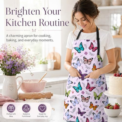 Butterflies Apron with 2 Pockets Adjustable Stain Resistant Kitchen Cooking Apron for Baking BBQ Grilling Grilling Painting Gardening - color: Butterflies