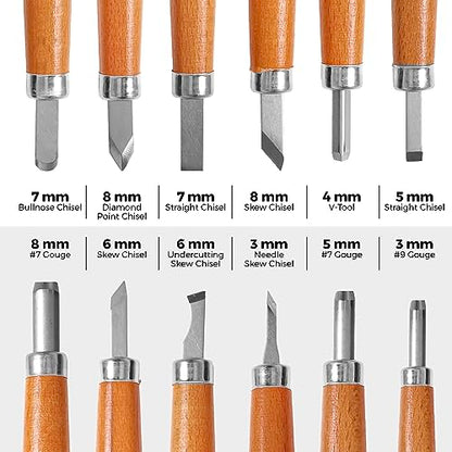 Schaaf Tools Wood Carving Kit, 12-pc mini chisel set, large handles | Wood carving tools for detail work and block printing, SK2 carbon-steel, sharpening strop and beginner tutorials included