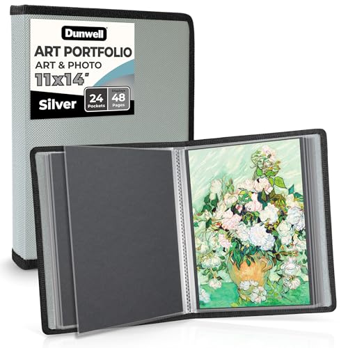 Dunwell 11x14 Art Portfolio Binder, 24-Sleeve, Mounting Paper, Silver | 24 Clear Sleeves, Displays 48 Pages, Mounting Paper Included, Artwork Storage, Acid-Free Poly Protection - color: Silver, size: 11x14" w/ BLK Paper