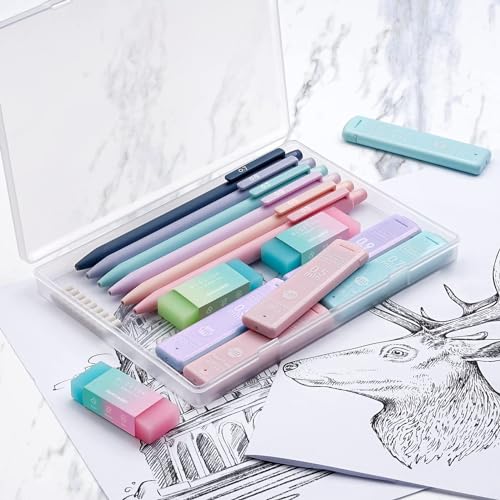 Four Candies Pastel Mechanical Pencil Set with Case, 6-Pack | 0.5/0.7/0.9mm, 360 Leads, 3 Erasers, 9 Eraser Refills, Back to School Supplies for Girls, Cute Aesthetic Stationery - style: 0.5mm + 0.7mm + 0.9mm