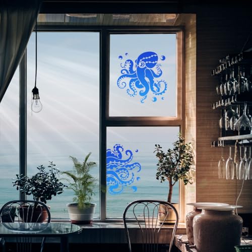 2pcs Octopus Ocean Animal Craft Art Stencils, Octopus Tentacles Plastic Reusable Stencils for Wood Burning, Sea Animal Paint Templates for Painting on Wall Wood Fabric Canvas Furniture Floor | 11.8" x 11.8" & A4 Plastic Craft Stencils, Octopus Wall Stenci