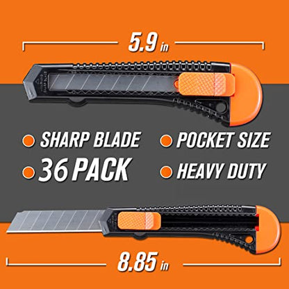 REXBETI 36-Pack Box Cutters, Retractable Utility Knife, 18mm Wide Blade | Razor Sharp Snap-Off Blade, Smooth Sliding Mechanism, Durable Cutter Knife for Cartons, Cardboard, Boxes, Office and Home - style: 36 Pack