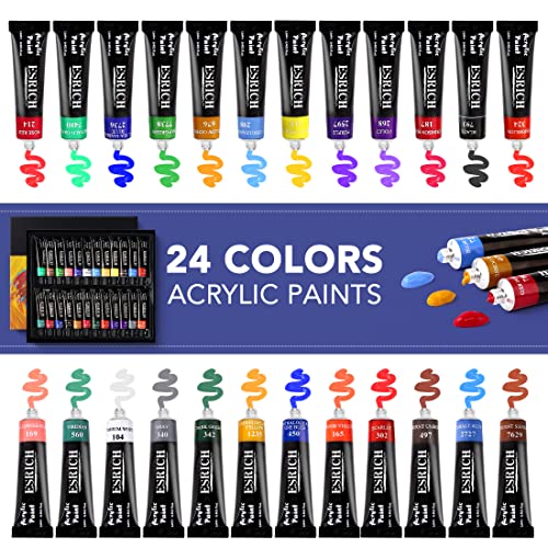 ESRICH 60PCS Acrylic Paint Set for Adults with Table Wood Easel | Painting Brushes, 12 Canvas, Palette, Paint Knives, Brush Cup and Art Sponges for Adults Hobbyists and Beginners - style: 60