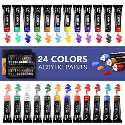 ESRICH 60PCS Acrylic Paint Set for Adults with Table Wood Easel | Painting Brushes, 12 Canvas, Palette, Paint Knives, Brush Cup and Art Sponges for Adults Hobbyists and Beginners - style: 60