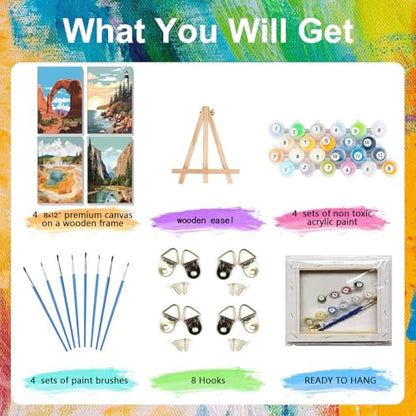 National Park Paint by Numbers for Adults with Framed Canvas - Wooden Easel - color: BKH1300+BKH1301+BKH1302+BKH1303