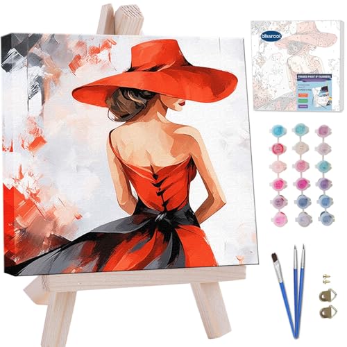 Blissroot Framed Paint by Numbers Kit for Adults Beginner &Kids Ages 8-12, 10x10inch Red Hat Lady Paint by Numbers with Frame, Small Red Dress Lady Paint by Number Framed Canvas (Without Easel) - color: BR008F, size: 10"x10"