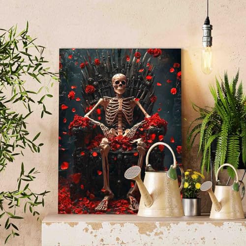 Tucocoo Skeleton Throne Gothic Horror Dark Paint by Number Kit for Students Beginners, Fantasy Red Roses Petals Mysterious Medieval Skull King Number Painting Home Wall Decor 16'' X 20'' (Frameless) - color: Dark Raven-05, size: 16''x20''(Frameless)