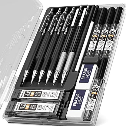 Nicpro 6 PCS Art Mechanical Pencil Set, Black Metal Drafting Pencil 0.3, 0.5, 0.7, 0.9 mm & 2PCS 2mm Graphite Lead Holder(4B 2B HB 2H) For Writing Sketching Drawing With 8 Lead Refills Eraser Case - color: Black