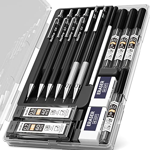 Nicpro 6 PCS Art Mechanical Pencil Set, Black Metal Drafting Pencil 0.3, 0.5, 0.7, 0.9 mm & 2PCS 2mm Graphite Lead Holder(4B 2B HB 2H) For Writing Sketching Drawing With 8 Lead Refills Eraser Case - color: Black