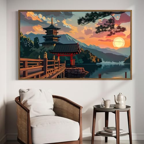 DDGEMART 5D Diamond Painting Kit for Adults, Full Drill Japanese Pagoda Sunset Mount Fuji Landscape Art for Beginners, Large Horizontal 28x16 inch - color: Japanese landscape