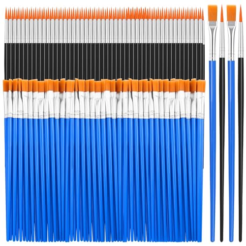 200 Pcs Small Paint Brushes Bulk, Anezus Detail Paint Brushes Fine Brushes with Flat and Round Tip Acrylic Brushes Set for Classroom Water Color Pumpkin Canvas Painting Touch Up - style: Mixed(100Flat+100Fine)
