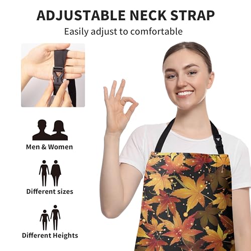 Fall Aprons for Adults Women Men Golden Red Maple Leaves Apron with Pockets Adjustable Strap Kitchen Chef Apron Black Cooking Apron for Cooking Barbecue Crafting Sewing - color: Fall Maple Leaves