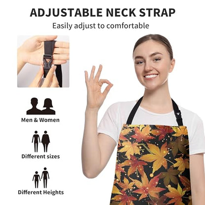 Fall Aprons for Adults Women Men Golden Red Maple Leaves Apron with Pockets Adjustable Strap Kitchen Chef Apron Black Cooking Apron for Cooking Barbecue Crafting Sewing - color: Fall Maple Leaves