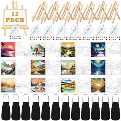 Motipuns 12 Set Landscape Pre Drawn Canvas for Paint for Adults | 8 x 8 Inch, Sip and Paint Party Kit, Pre Printed Framed Canvas with Easels Paints Brushes Aprons, Party Adult Art Supplies - style: Landscape
