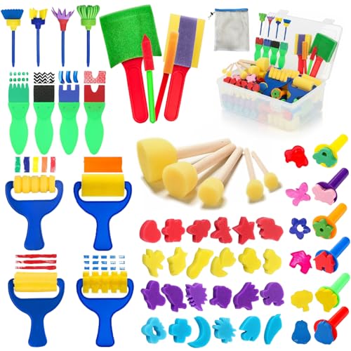53-Pack Sponge Paint Brushes, Washable Painting Brushes | Toddler Painting Set, Early Learning Foam Roller Sponge Art Crafts Kit with Storage Bag, Creative Gift - style: 53 Pcs