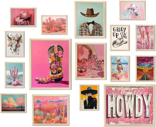 Aroutde Pink Cowgirl Wall Decor, Aesthetic Western Canvas Wall Art for Preppy Pink Room Decor, Retro Coquette Pictures, 16Pcs (Unframed) - color: Cow Girl B
