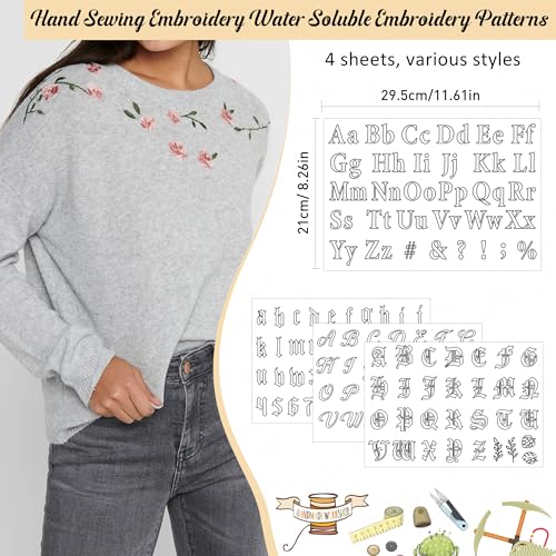 Water Soluble Stabilizer Embroidery Pattern - Letter Alphabet Stick & Stitch Embroidery Paper Wash Away, Number Hand Sewing Patterns for T-Shirt Bag Towel (4 Sheets) - style: Letter976