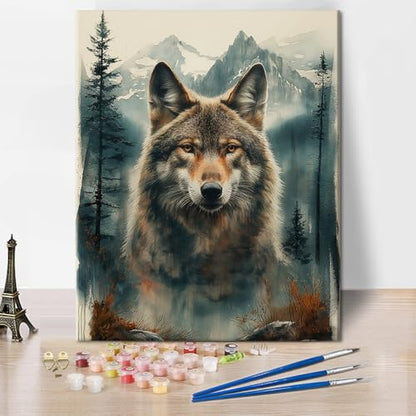 TUMOVO Wolf and Mountain Paint by Numbers Craft Kit for Adults | Animals Art on 16x20 Inch Unframed Canvas with Acrylic Paints and 3 Brushes Relaxing DIY Craft and Wall Decor