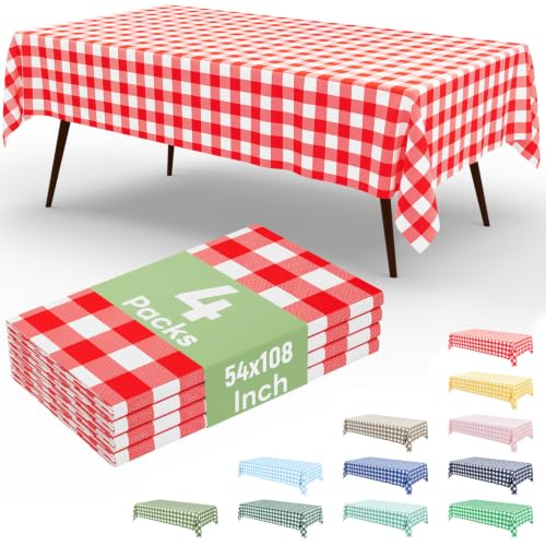 4 Packs Buffalo Disposable Table Cloth, 54 x 108 Inch Waterproof Plastic Tablecloth, Rectangle Red and White Checkered Table Covers for Picnic, Birthday, Party, Back to School - color: Red and White, size: 54" x 108" - 4 Pack