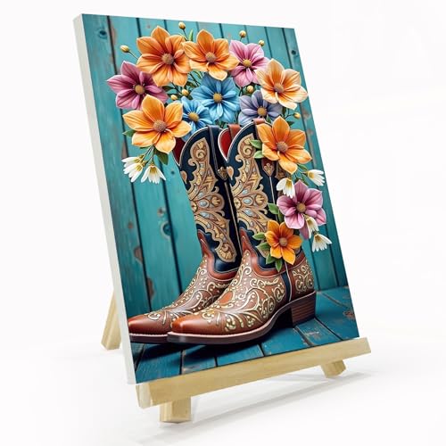 JOOZ Cowboy Boots Framed Paint by Numbers Kit for Adults 8x12 Inch | Adult Paint by Number Kits Framed Canvas, Flowers Paint by Number with Easel, DIY Oil Painting by Numbers, Home Wall Decor - color: Cowboy Boots 056
