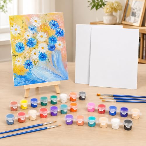 8 Pack 8 x 10 Inch Canvas Boards for Painting, Art Canvas Bulk for Drawing with Paint Brushes & 12 Colors Acrylic Paint, Mini Painting Canvas with Easel Set, Painting Kits for Adults Party Supplies