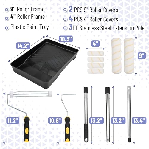 Bates- Paint Roller Kit with Extension Pole, 10 pcs, 9" & 4" Roller Frames | Plastic Paint Tray, 6 Roller Covers, 3 FT Stainless Steel Extension Pole for Walls, Ceilings & Home Painting Projects