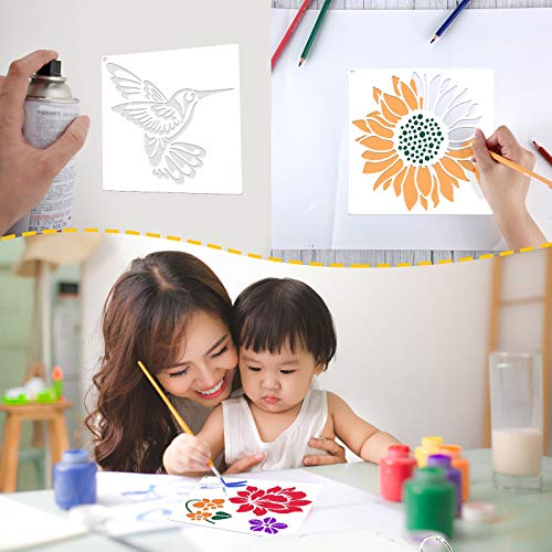 Zonon 16 Pcs Stencils for Painting, DIY Craft Templates, 5.1 x 5.1 Inch | Summer Reusable Painting Stencils for Wall Wood Canvas Crafts, Flower Butterfly Hummingbird Designs, Metal Open Rings - size: 5.1 x 5.1 Inch