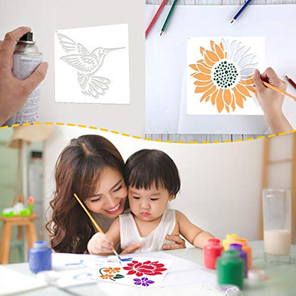 Zonon 16 Pcs Stencils for Painting, DIY Craft Templates, 6.3 X 6.3 Inch | Summer Reusable Painting Stencils for Wall Wood Canvas Crafts, Flower Butterfly Hummingbird Designs, Metal Open Rings - size: 6.3 x 6.3 Inch