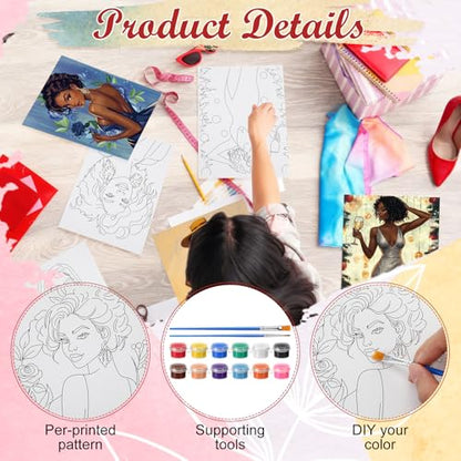 Blosssound 10 Set Charming Lady Pre Printed Canvas Pre Drawn Canvas Painting with Easel Kits 5" x 7" Sip and Paint Party Kit for DIY Art, Adult's Date Night - style: Charming Lady
