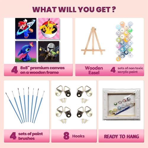 4 Pack Cartoon Paint by Numbers for Kids with Framed Canvas - Wooden Easel - color: MT11763+MT11764+MT11765+MT11766