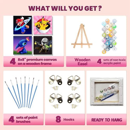 4 Pack Cartoon Paint by Numbers for Kids with Framed Canvas - Wooden Easel - color: MT11763+MT11764+MT11765+MT11766